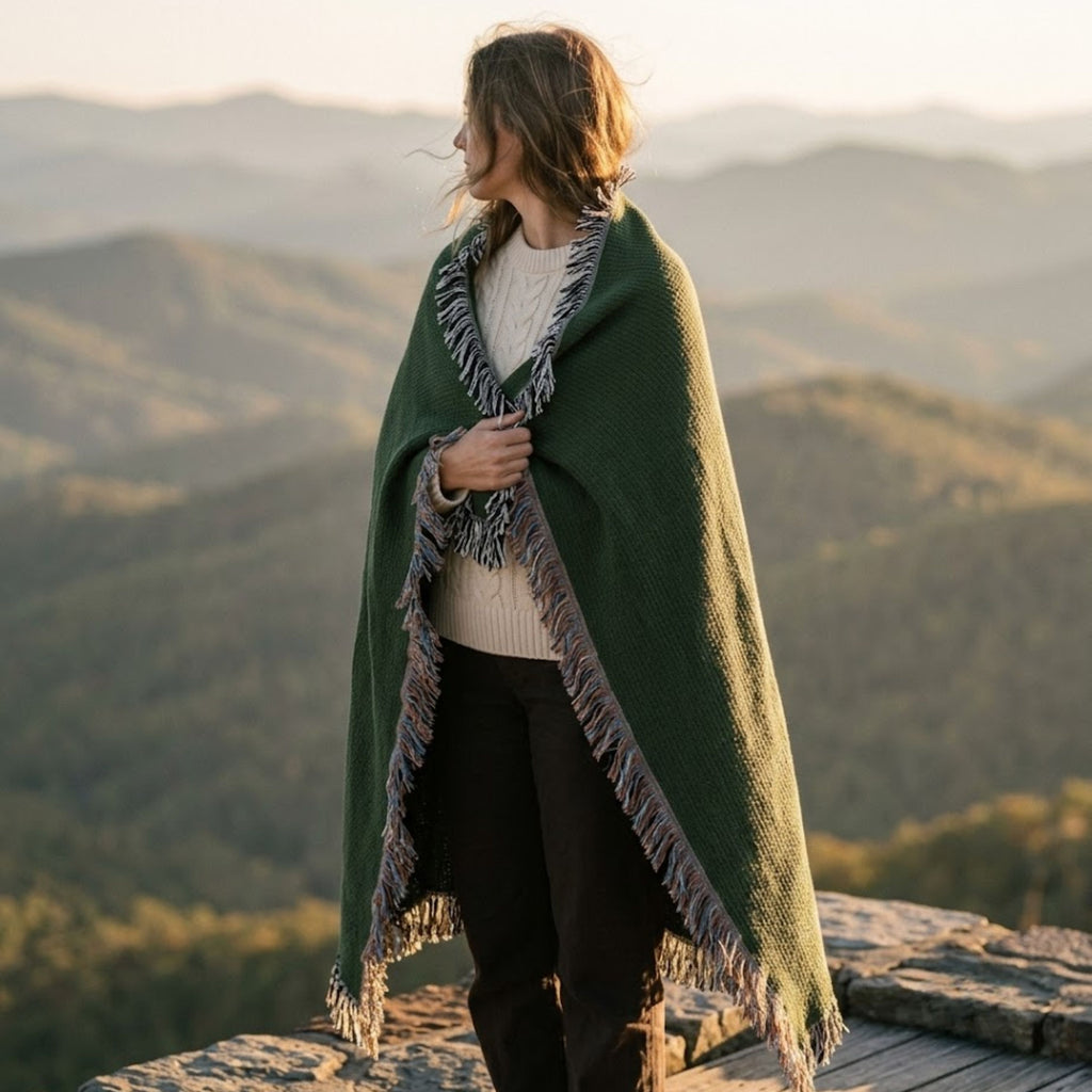 Solid hunter green woven cotton throw blanket draped across a bed in a warmly lit bedroom in the evening — Trini Skies