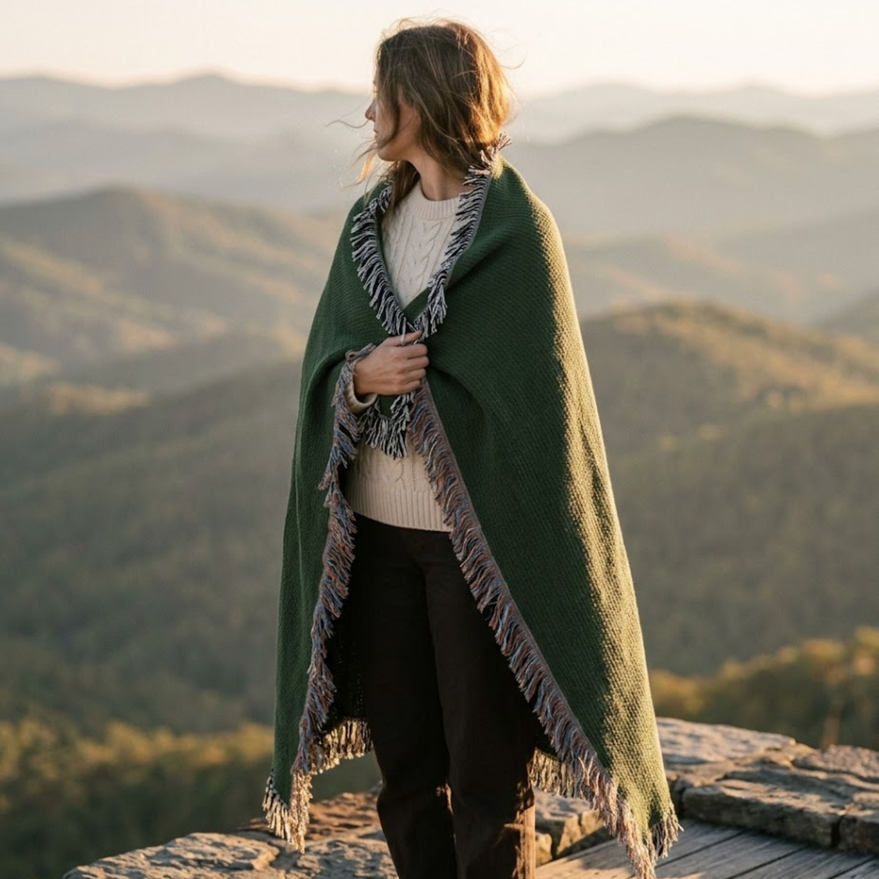 Solid hunter green woven cotton throw blanket draped across a bed in a warmly lit bedroom in the evening — Trini Skies