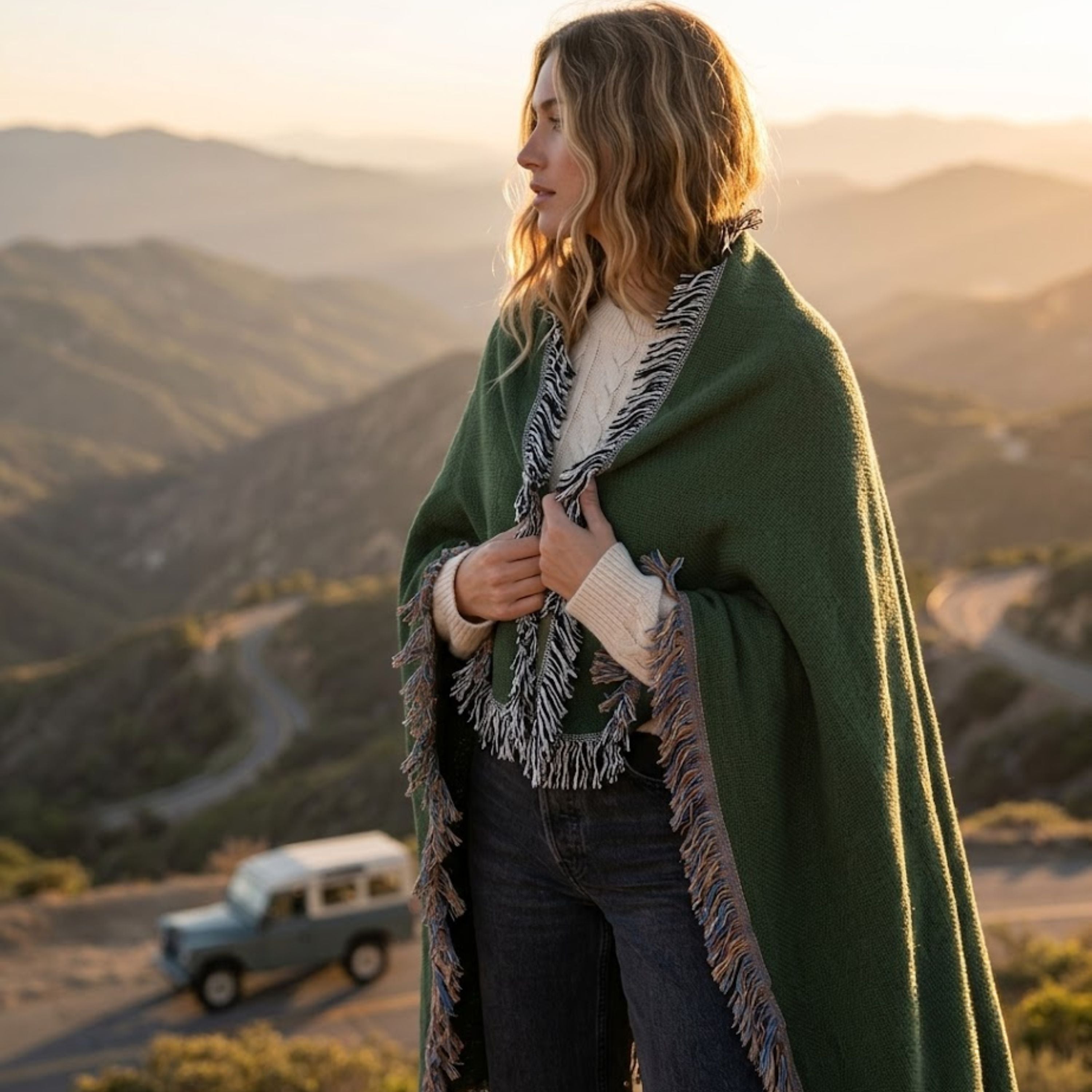 Woman wrapped in a solid hunter green woven cotton throw blanket standing at a mountain overlook at golden hour, showing the drape and fringe detail — Trini Skies