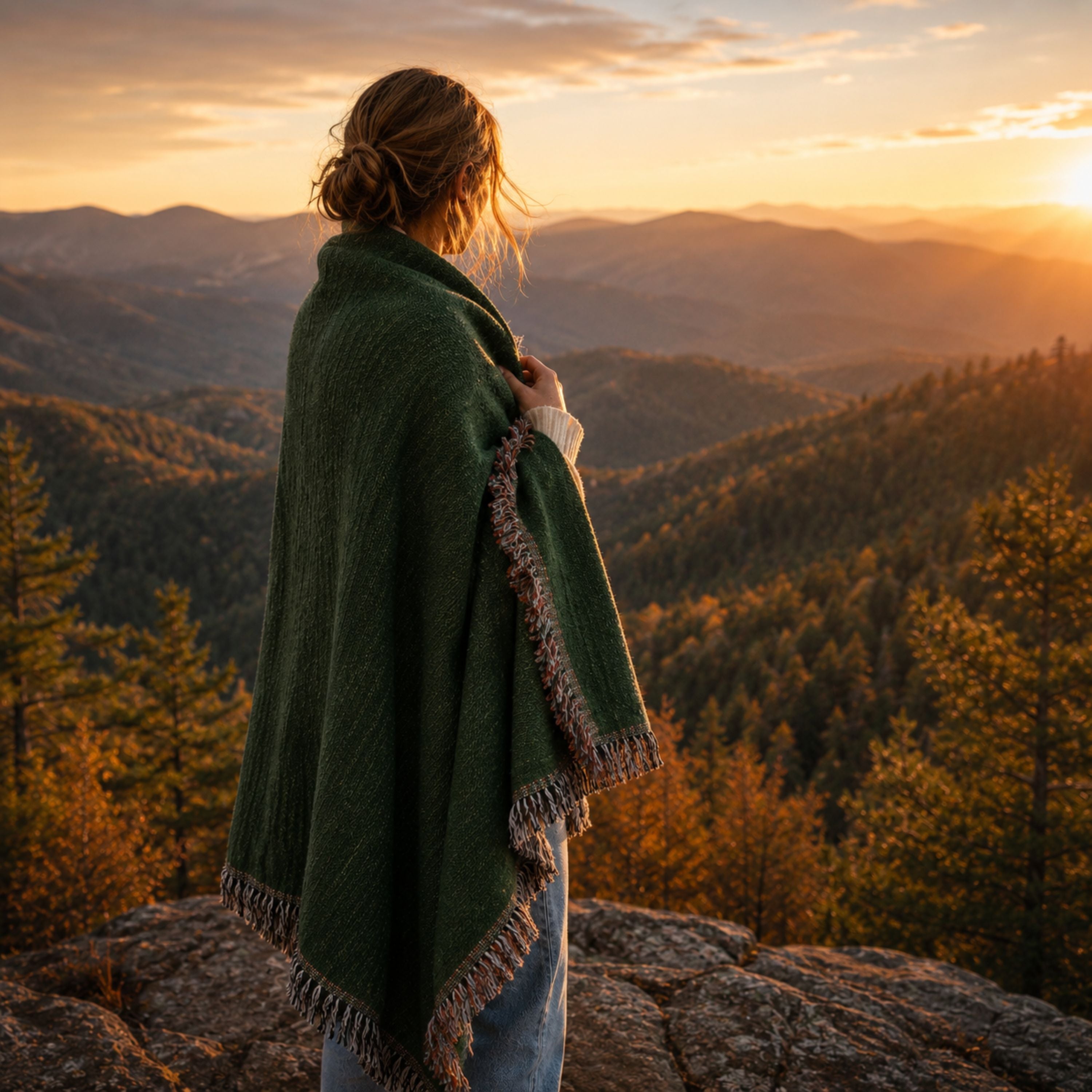 Woman wrapped in a solid hunter green woven cotton throw blanket, seen in profile overlooking a mountain vista at golden hour — Trini Skies