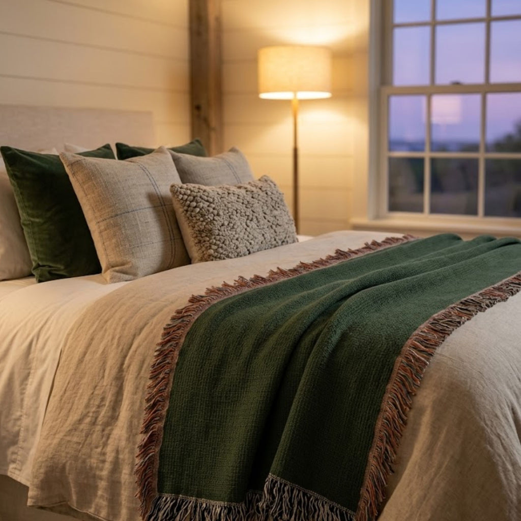 Solid hunter green woven cotton throw blanket draped outdoors, showing the jacquard weave texture and fringe against a natural backdrop — Trini Skies
