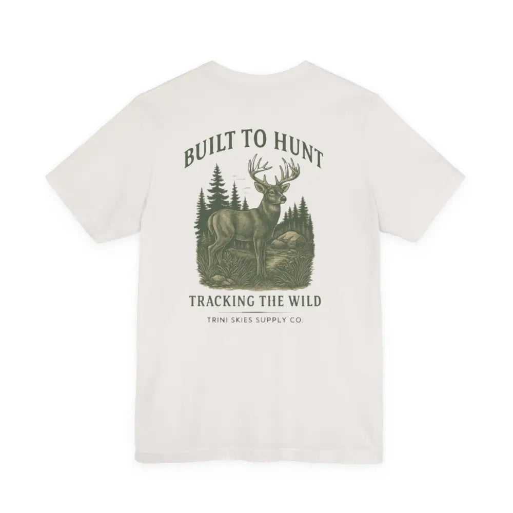 Trini Skies Supply vintage-inspired buck tee with green Built to Hunt text