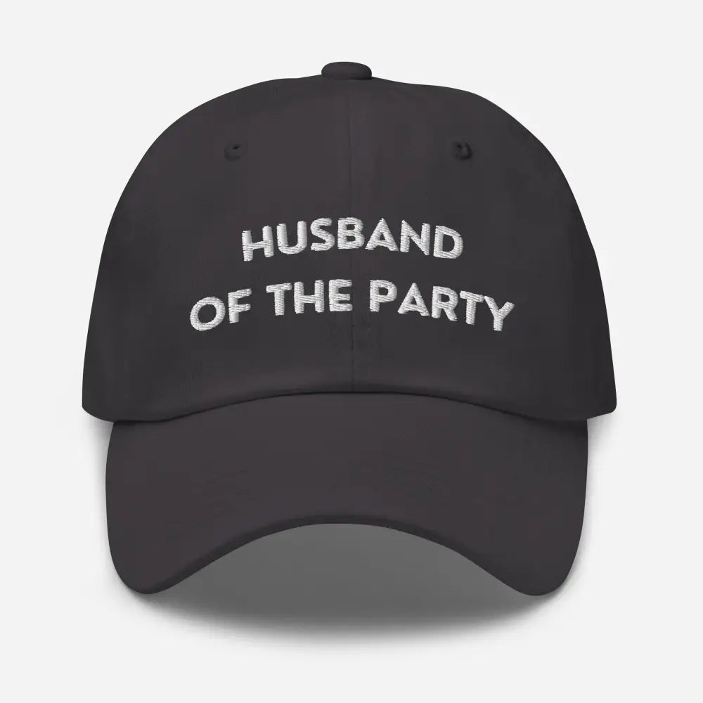 Black baseball dad cap with white party embroidered text