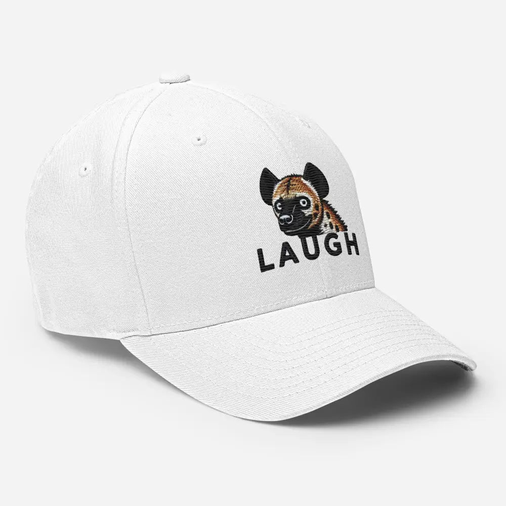 White embroidered corduroy cap with hyena wildlife graphic
