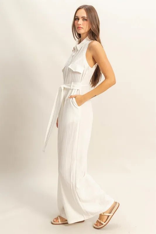 HYFVE Sleeveless Tie Waist Wide Leg Jumpsuit – White, Resort Chic - Triniskies