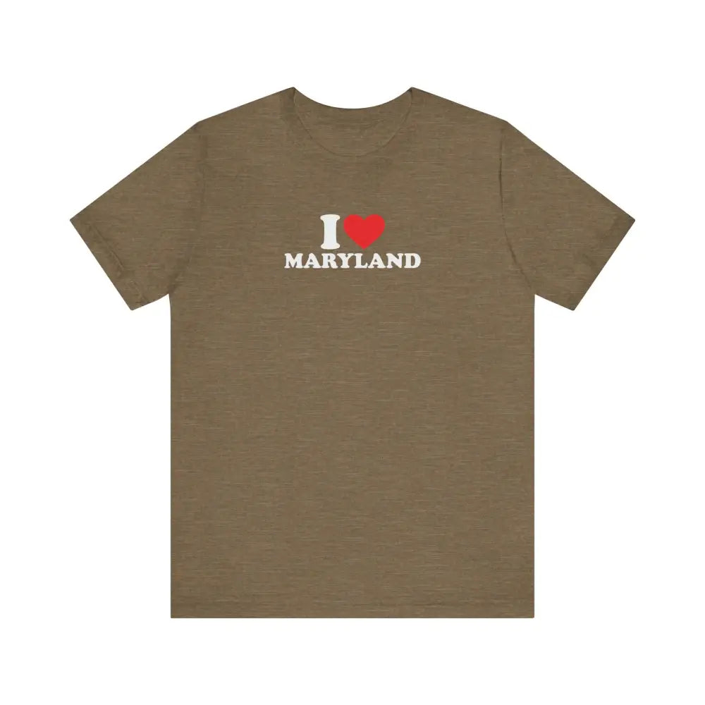 Unisex jersey short sleeve olive green I Love Maryland graphic tee