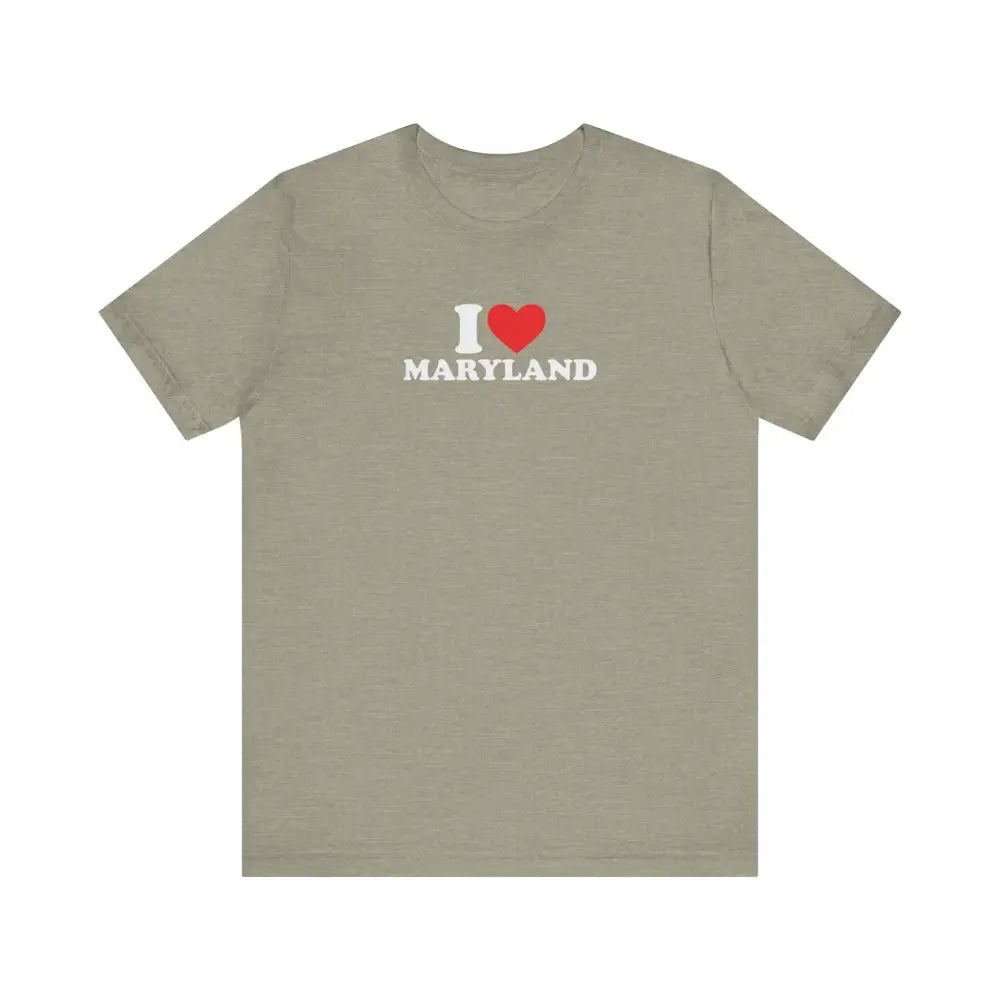 Light brown unisex jersey short sleeve tee with red heart graphic