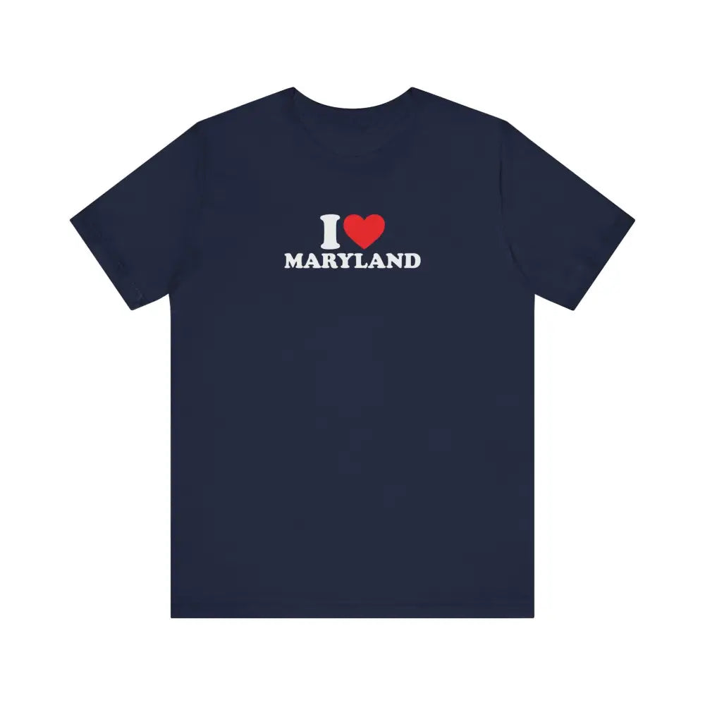 Navy blue unisex jersey short sleeve tee with I heart Maryland graphic on chest