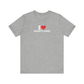 Gray unisex jersey short sleeve tee with red heart and Maryland text