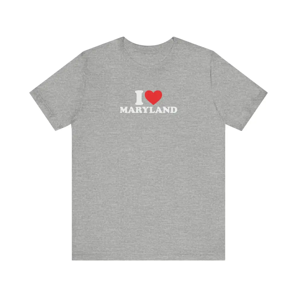 Gray unisex jersey short sleeve tee with red heart and Maryland text