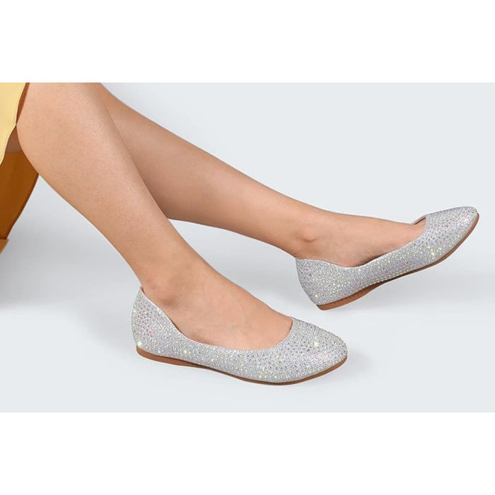 IDIFU 10M / Silver IDIFU Women's Closed Round Toe Ballet Flats (Silver Sparkle, 10 M US)