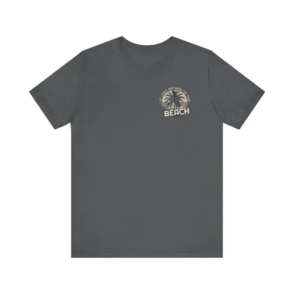 Dark grey beach unisex jersey tee with palm tree graphic on chest