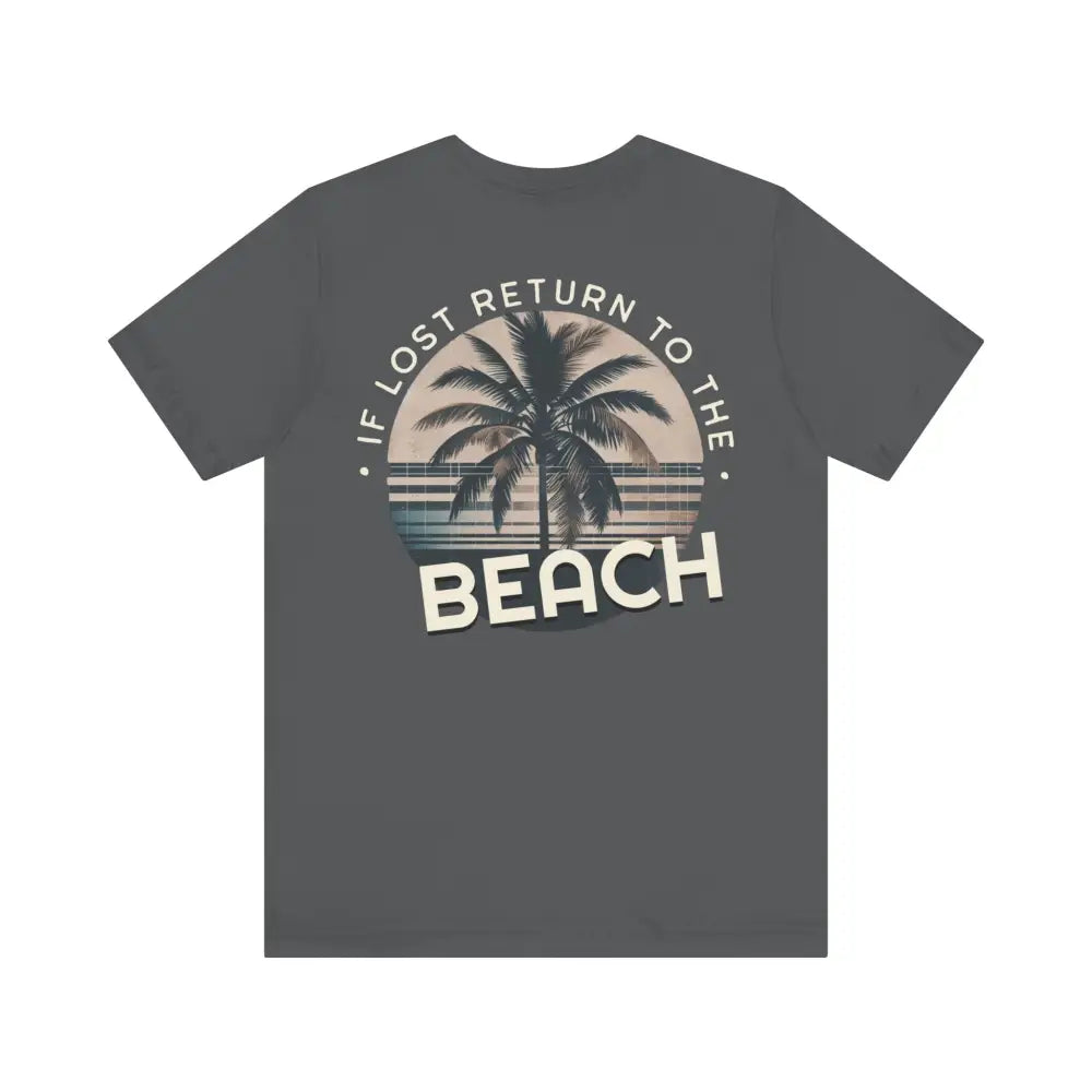 Dark gray beach unisex jersey tee with palm tree sunset graphic