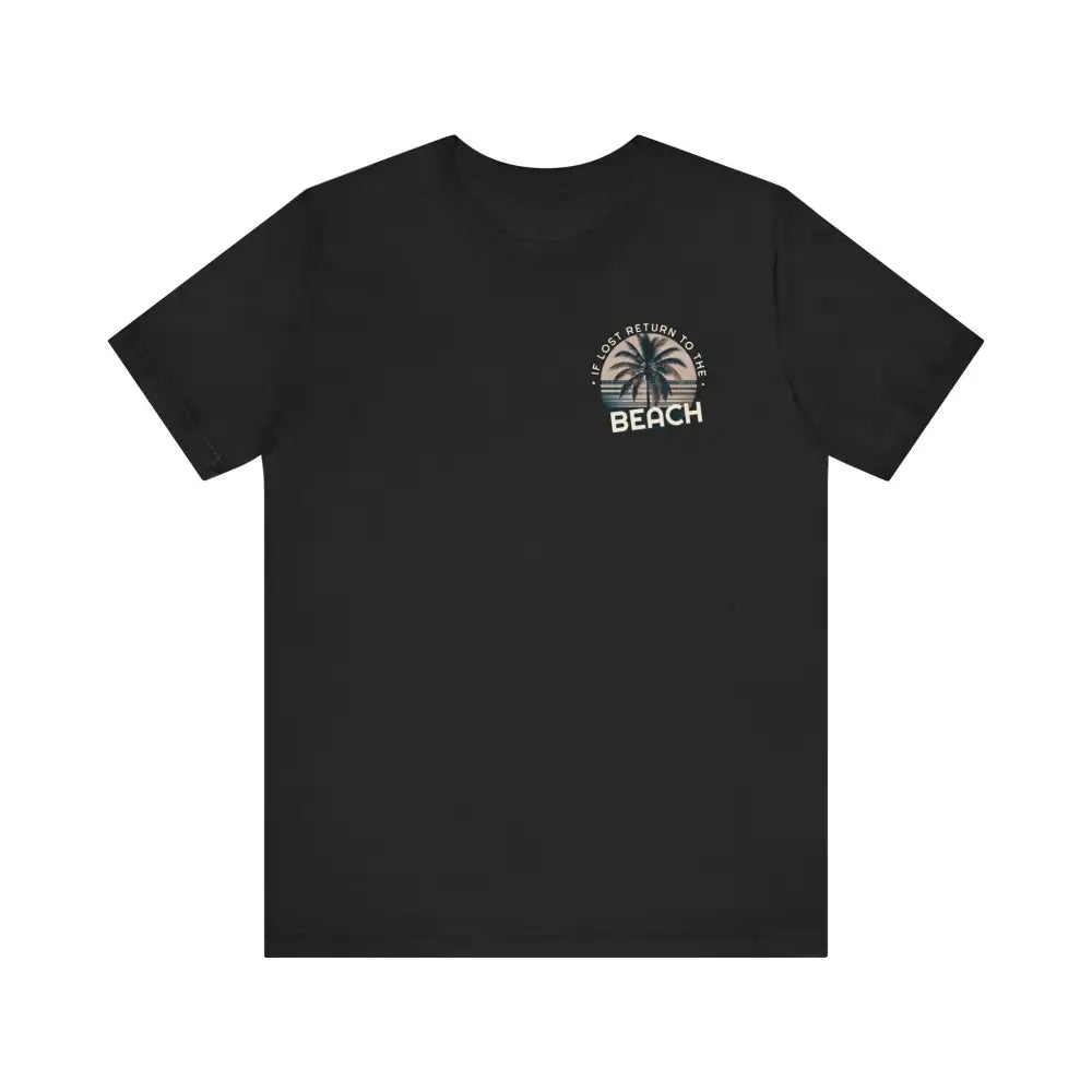 Black beach unisex jersey tee with palm tree sunset graphic