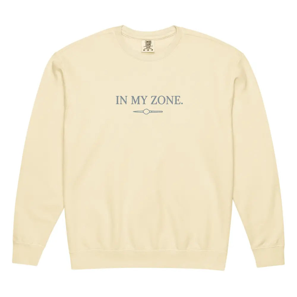 Cream-colored Comfort Colors zone embroidered sweatshirt with In My Zone text