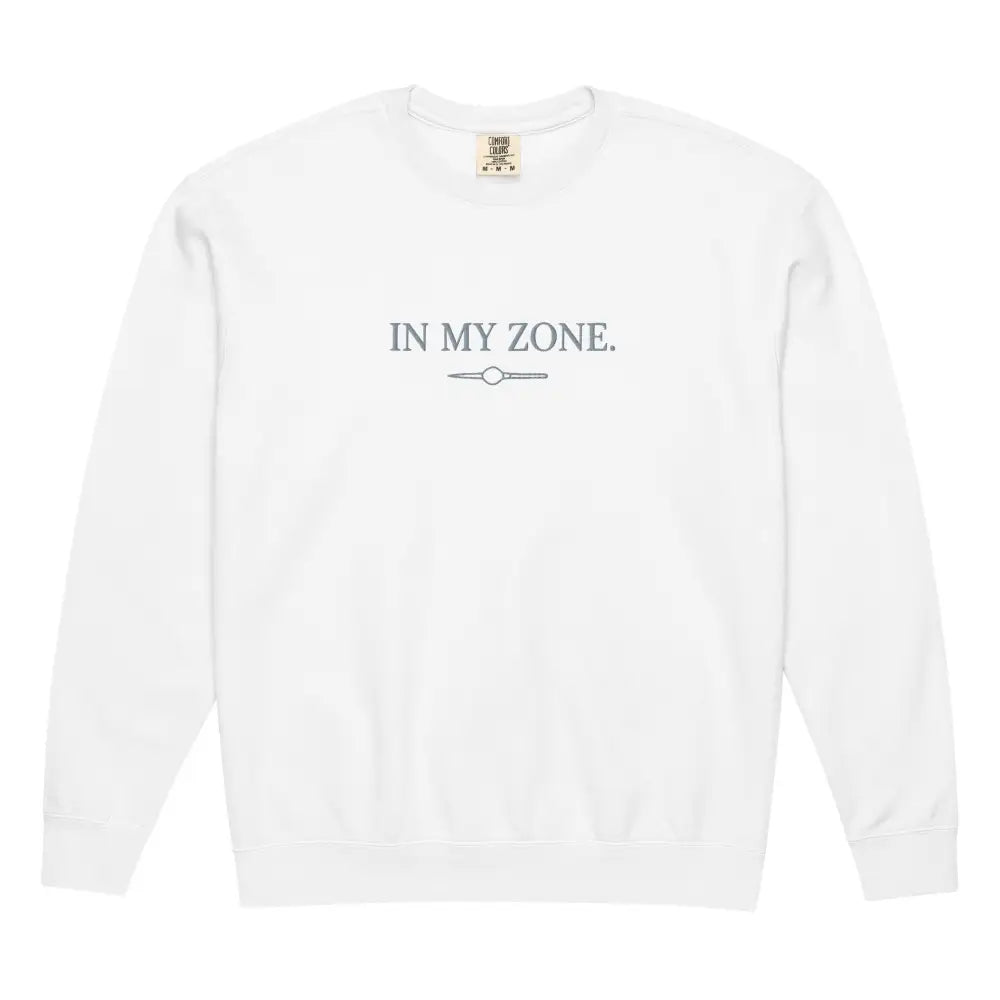 White Comfort Colors zone embroidered crewneck sweatshirt with In My Zone text