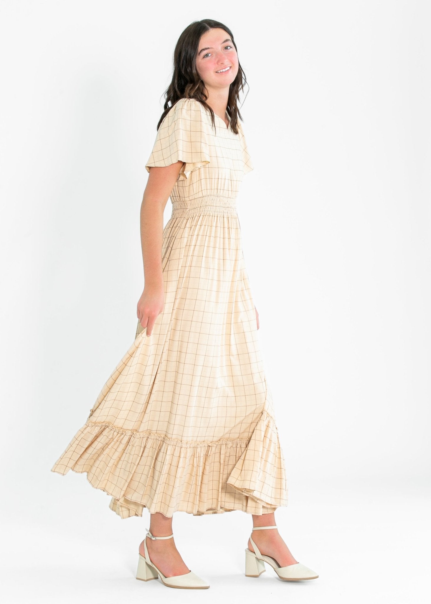 Isabella Plaid Maxi Dress – Taupe Brown Smocked Waist with Flutter Sleeves - Triniskies