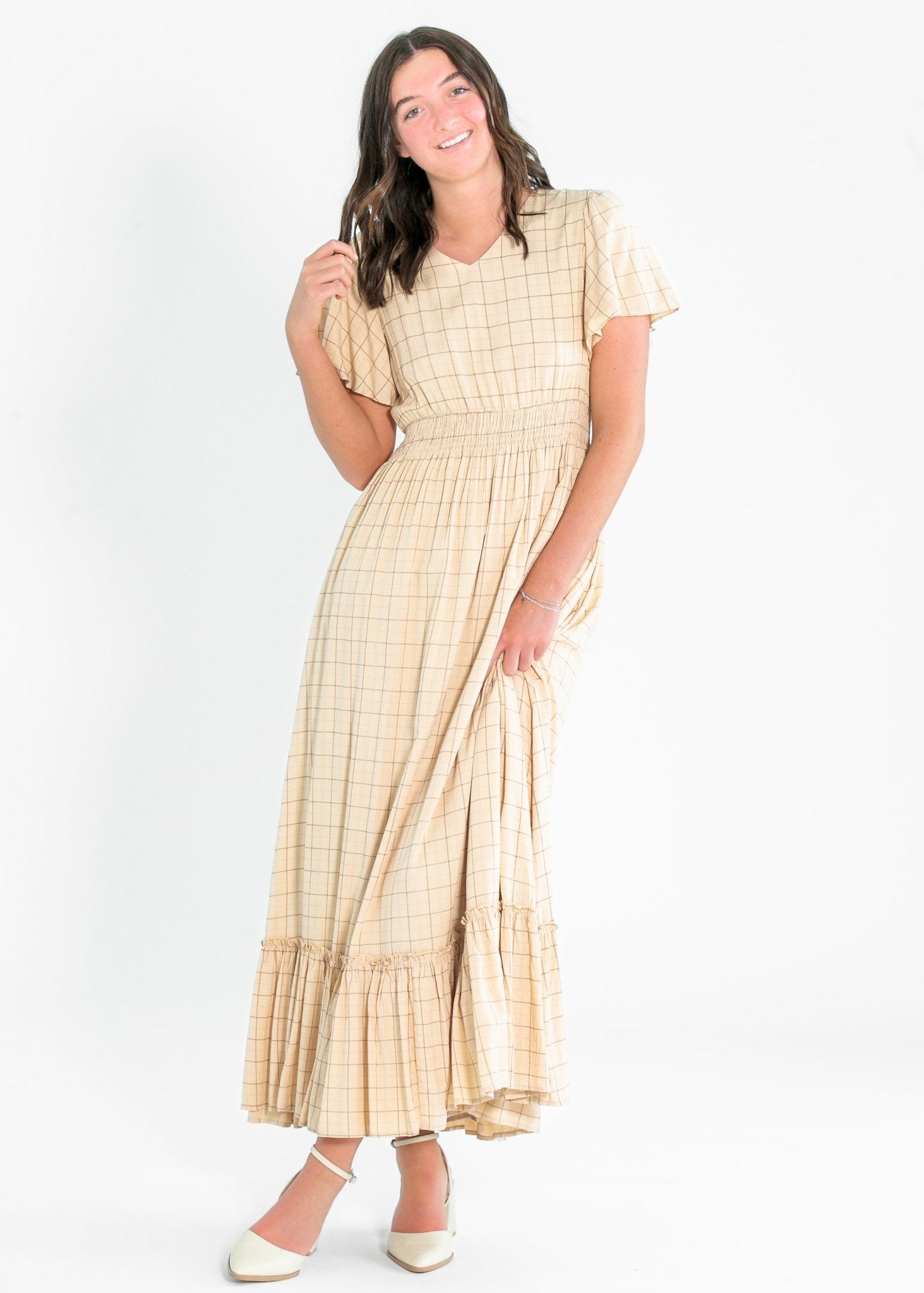 Isabella Plaid Maxi Dress – Taupe Brown Smocked Waist with Flutter Sleeves - Triniskies