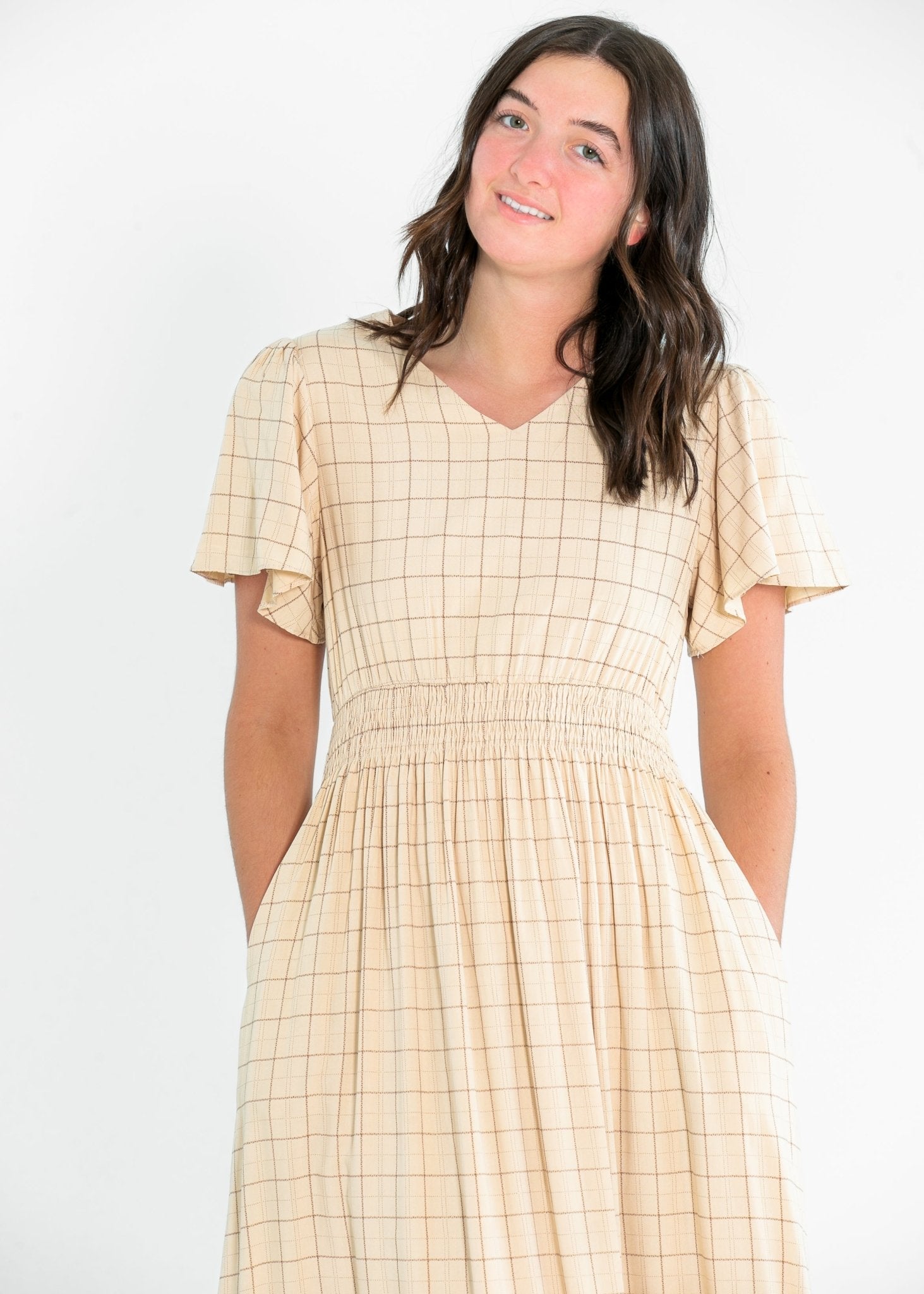 Isabella Plaid Maxi Dress – Taupe Brown Smocked Waist with Flutter Sleeves - Triniskies