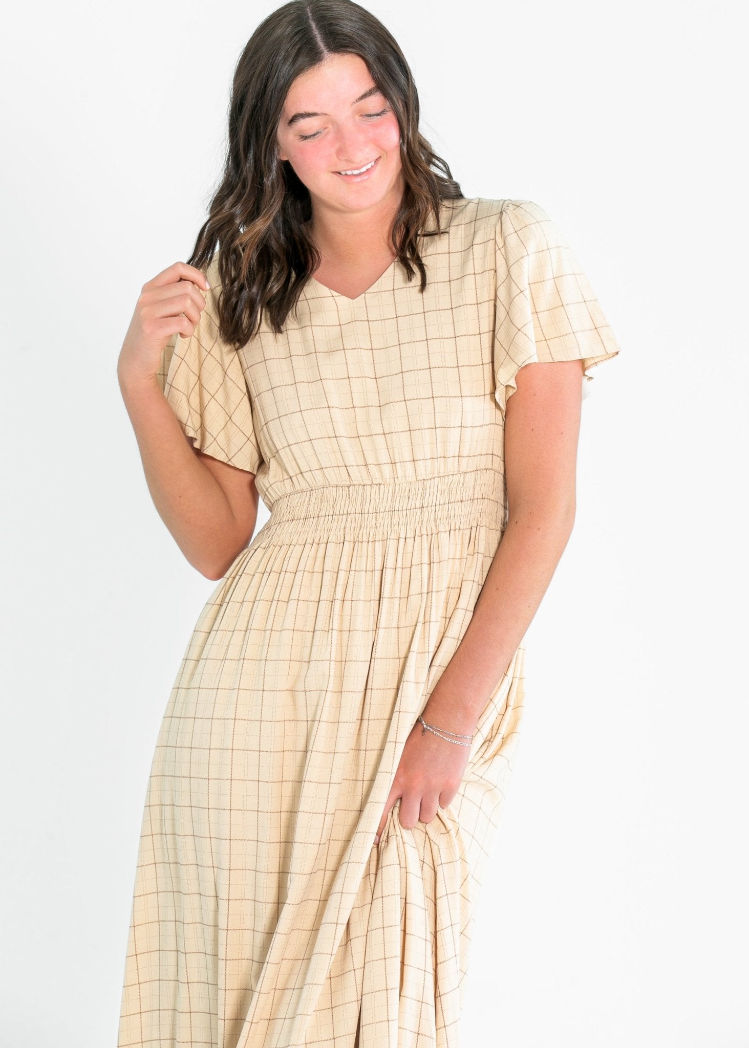 Isabella Plaid Maxi Dress – Taupe Brown Smocked Waist with Flutter Sleeves - Triniskies
