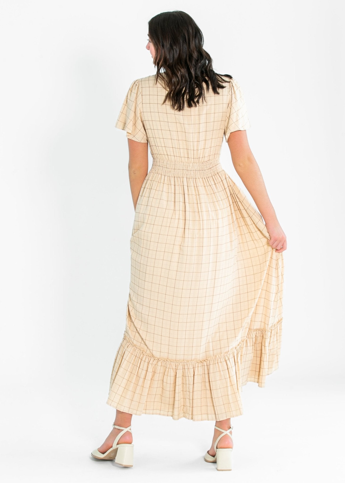 Isabella Plaid Maxi Dress – Taupe Brown Smocked Waist with Flutter Sleeves - Triniskies