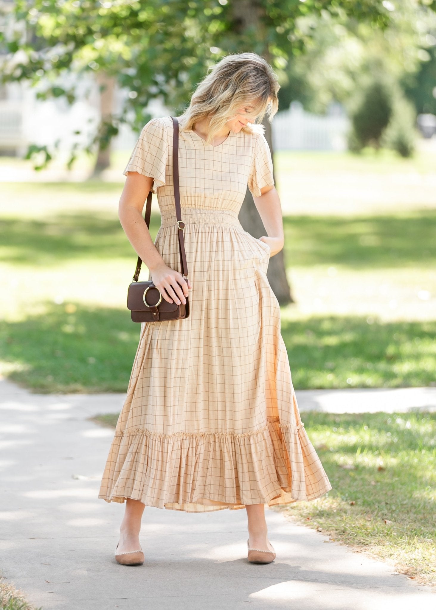 Isabella Plaid Maxi Dress – Taupe Brown Smocked Waist with Flutter Sleeves - Triniskies