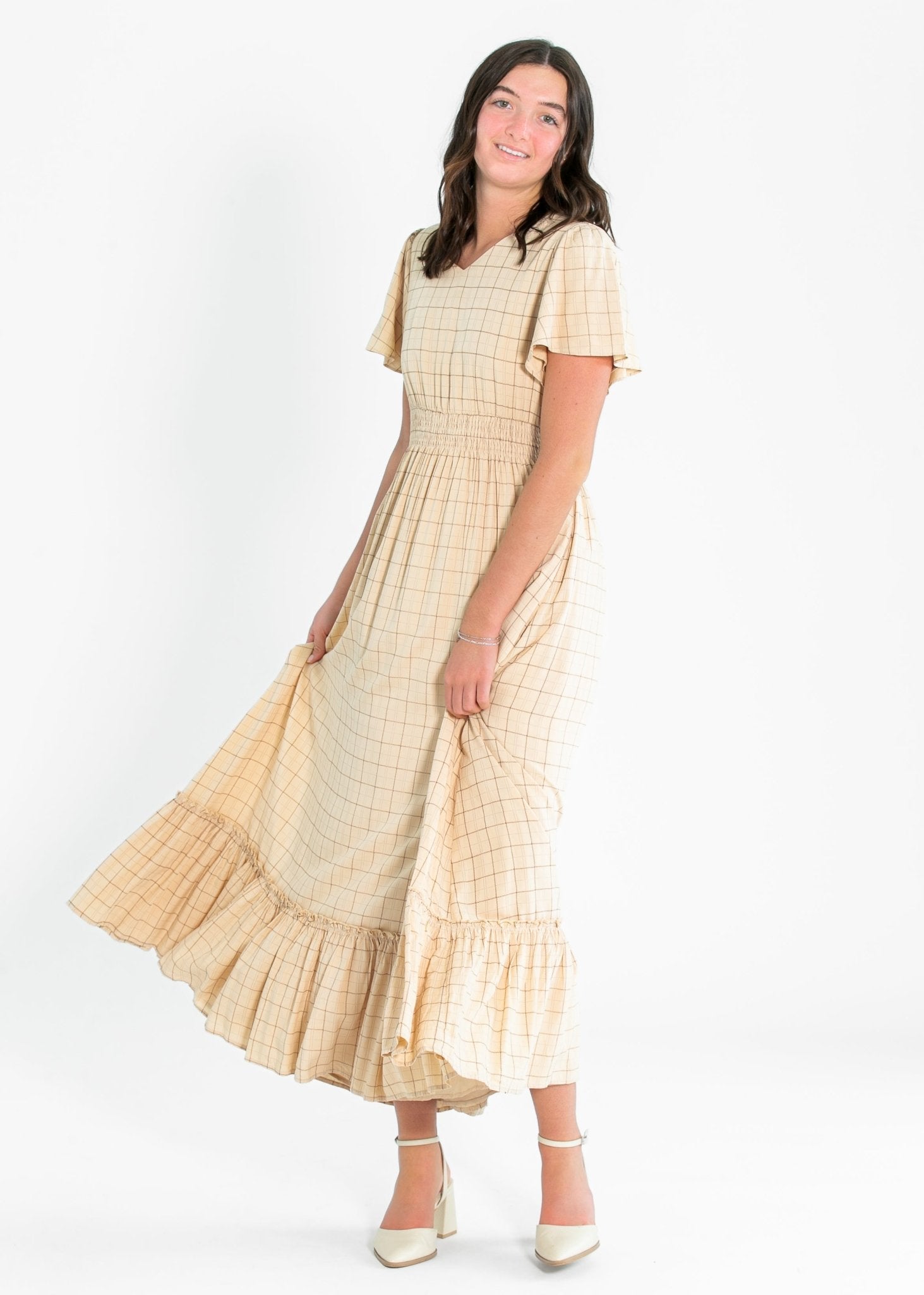 Isabella Plaid Maxi Dress – Taupe Brown Smocked Waist with Flutter Sleeves - Triniskies