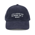 Dark blue embroidered vintage corduroy cap with boat design and adjustable strap