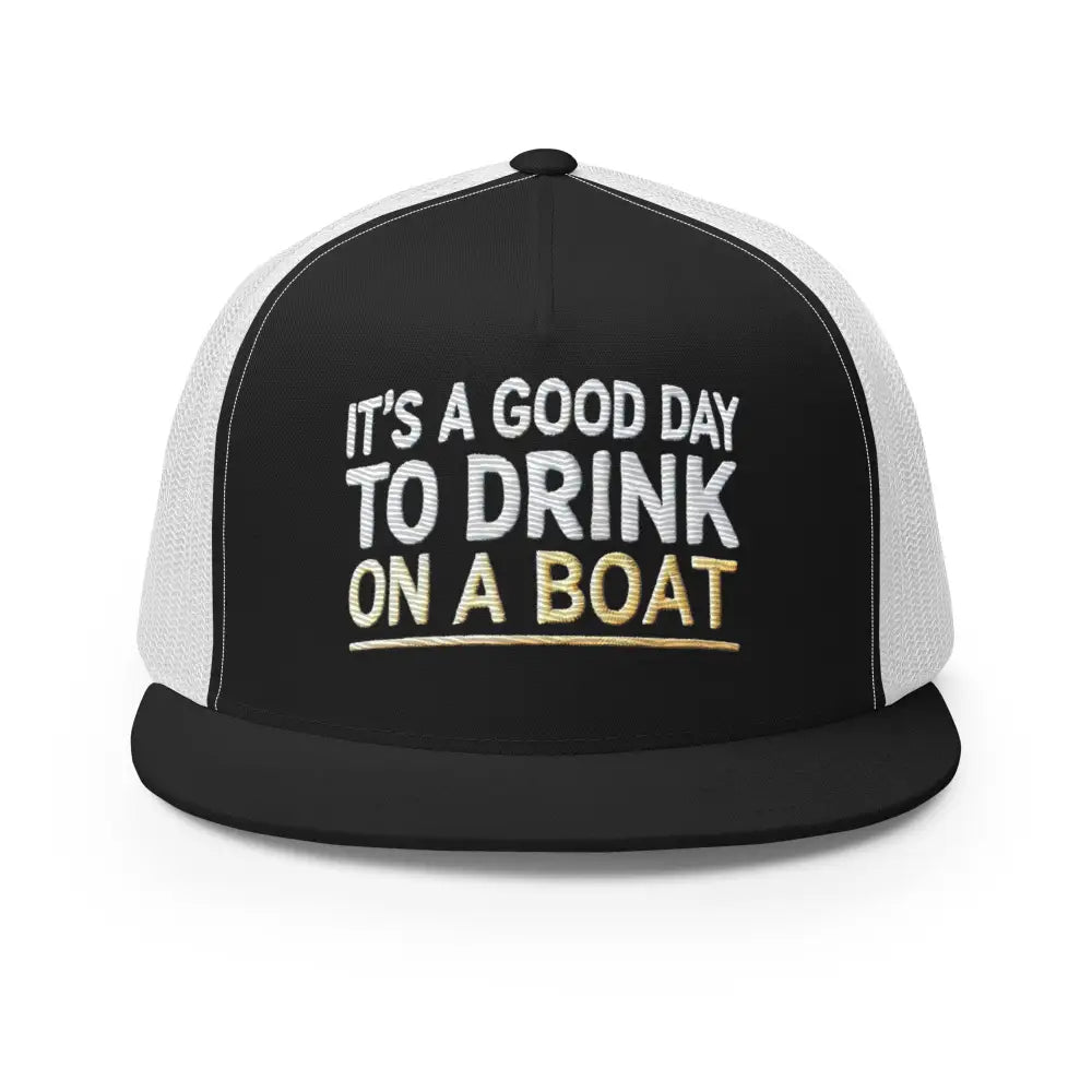 Black and white mesh trucker hat with boat-ready embroidered nautical design
