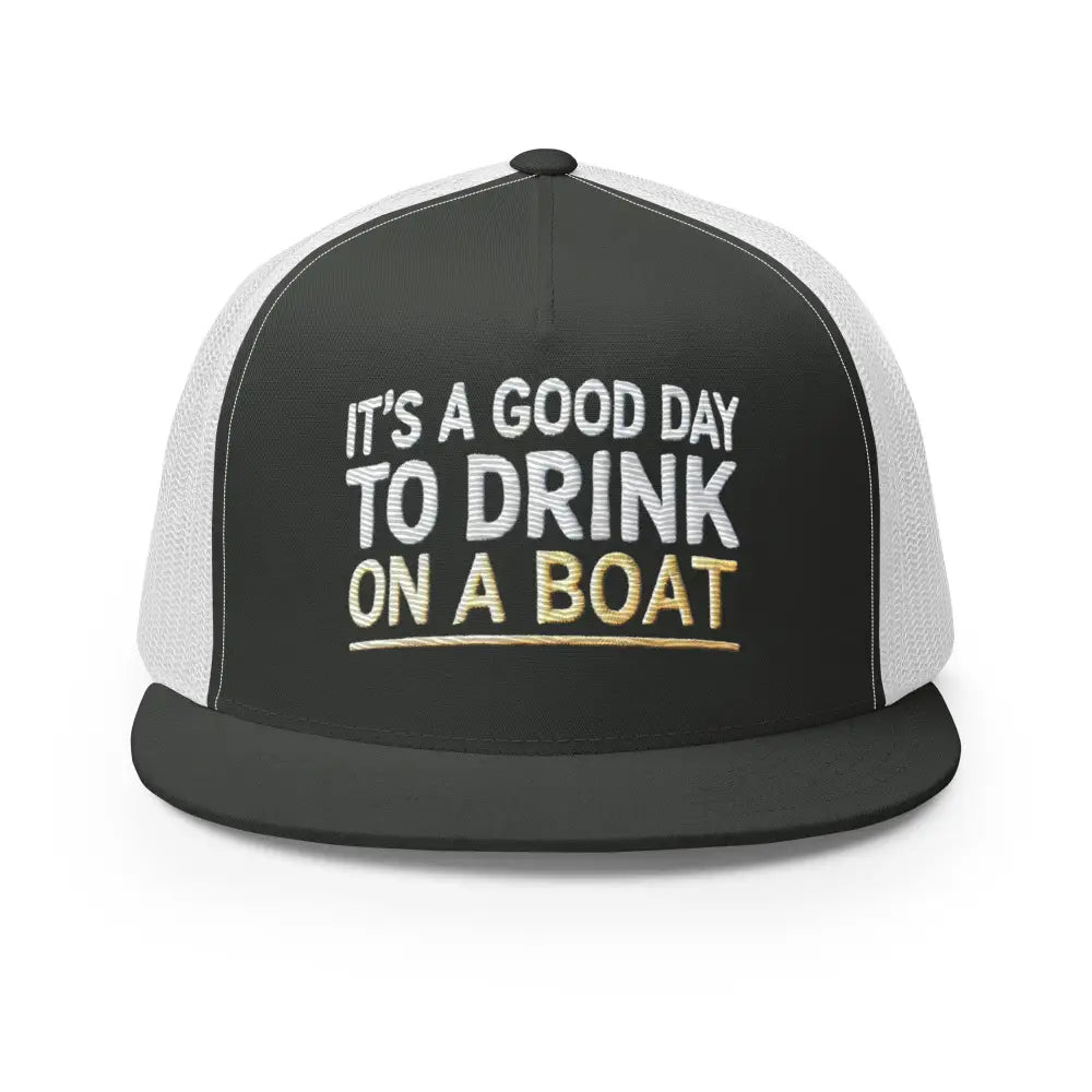 Black and white boat-ready trucker hat with nautical embroidery