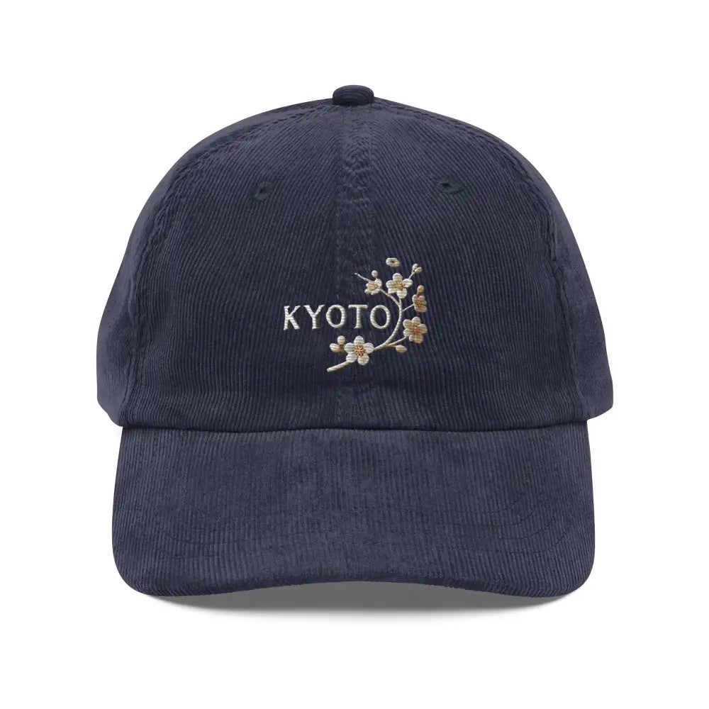 Navy blue Japan vintage corduroy baseball cap with embroidered Kyoto Japan cherry blossoms
