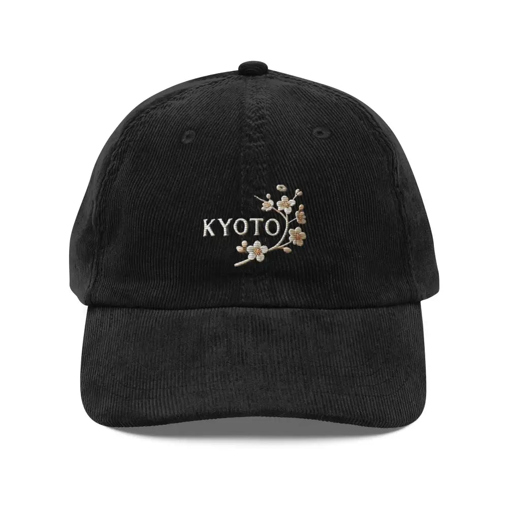 Embroidered Kyoto Japan cherry blossom on black vintage corduroy baseball cap