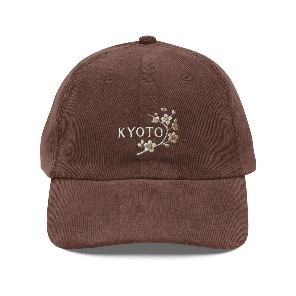 Brown corduroy baseball cap with embroidered Kyoto Japan cherry blossoms