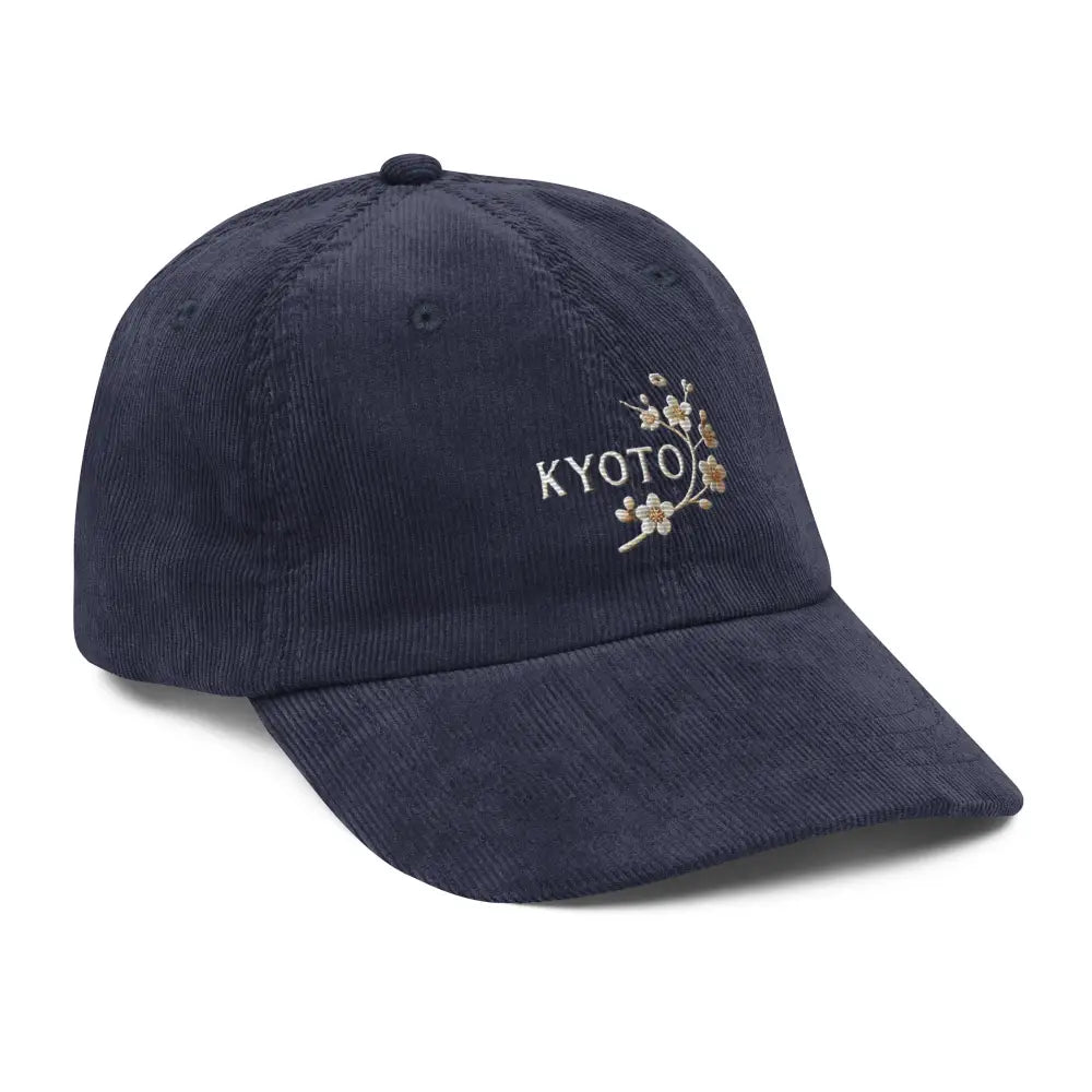 Navy blue Japan vintage corduroy baseball cap with embroidered Kyoto Japan cherry blossoms
