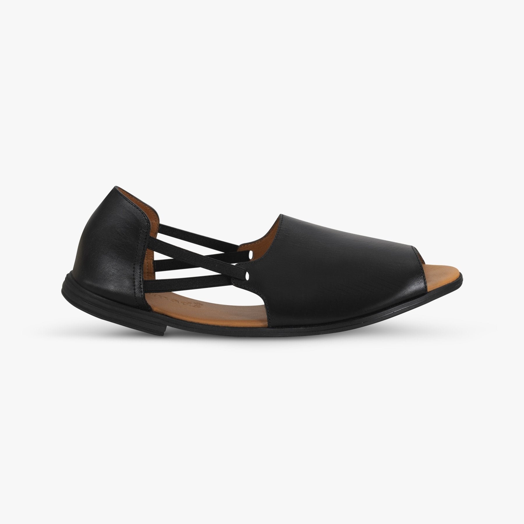 Jet Black Peep Toe Sandals - Womads Leather Flats for Women - Triniskies
