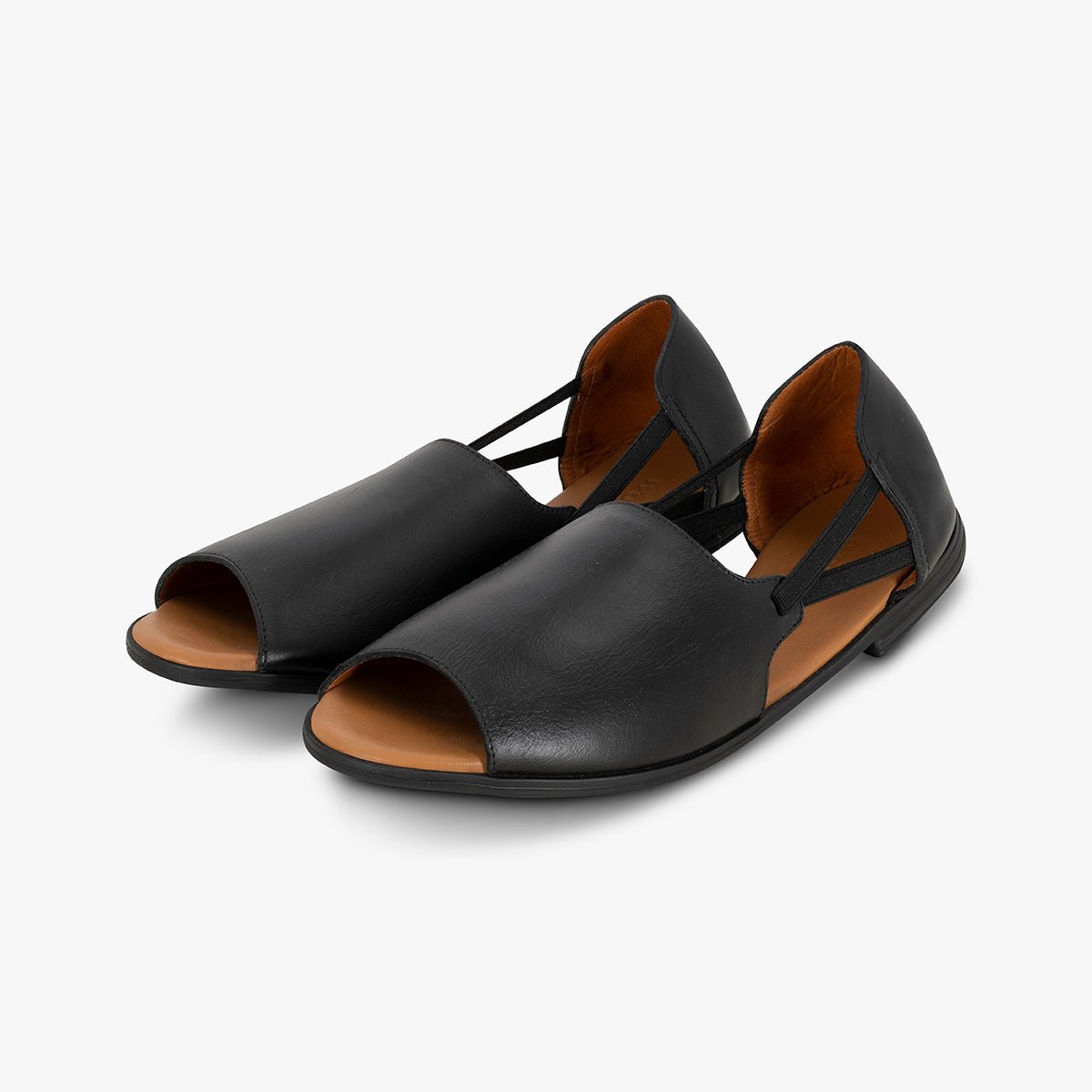 Jet Black Peep Toe Sandals - Womads Leather Flats for Women - Triniskies