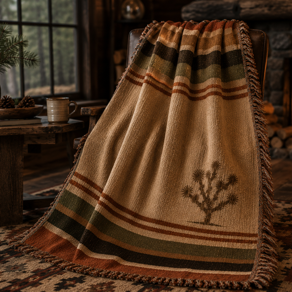 Joshua Tree woven cotton throw on leather armchair in lodge interior — southwestern heritage blanket by Trini Skies