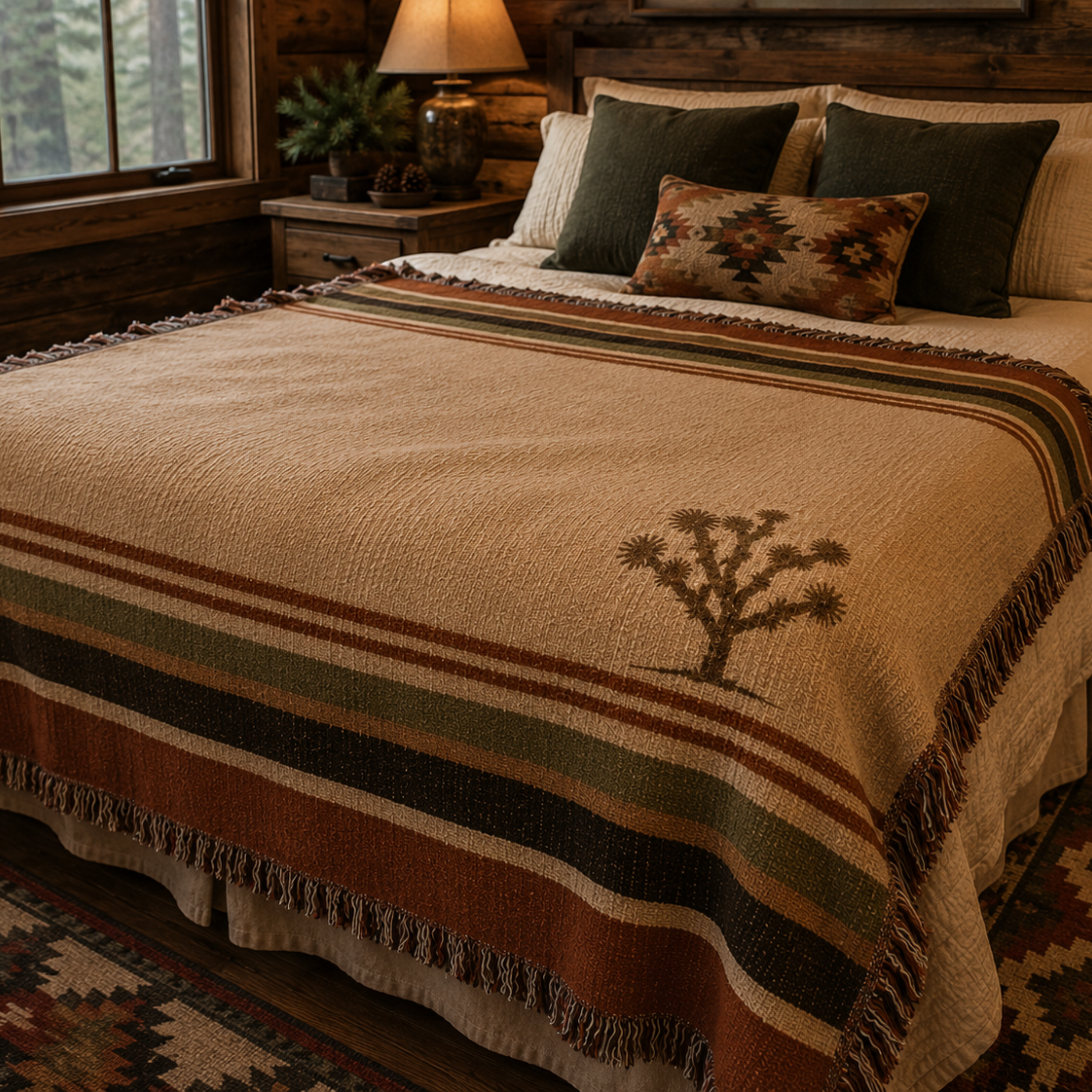 Joshua Tree woven cotton throw on log cabin bed with pine forest view — desert heritage stripe blanket by Trini Skies
