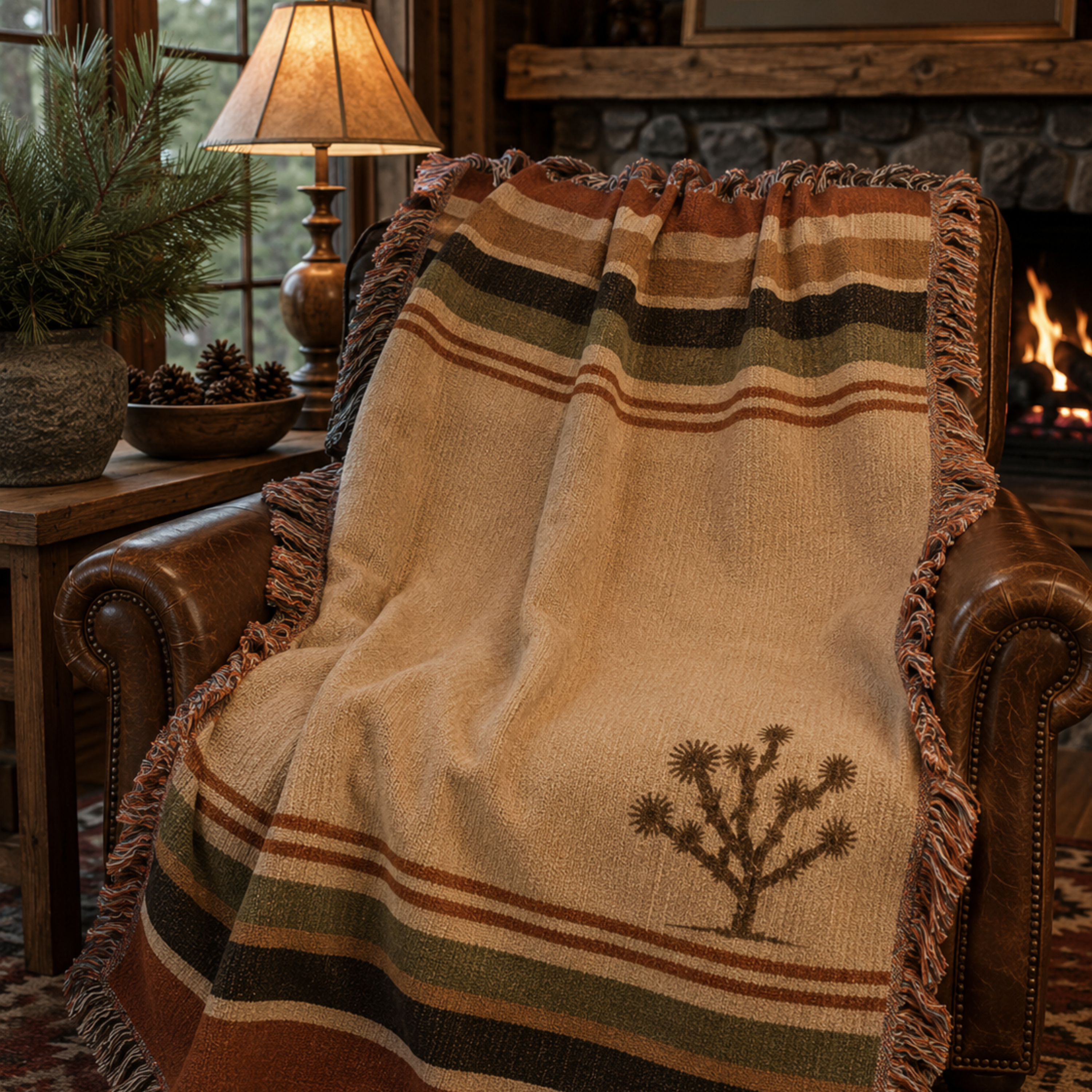Joshua Tree woven throw draped over leather chair by stone fireplace — cabin and lodge blanket by Trini Skies