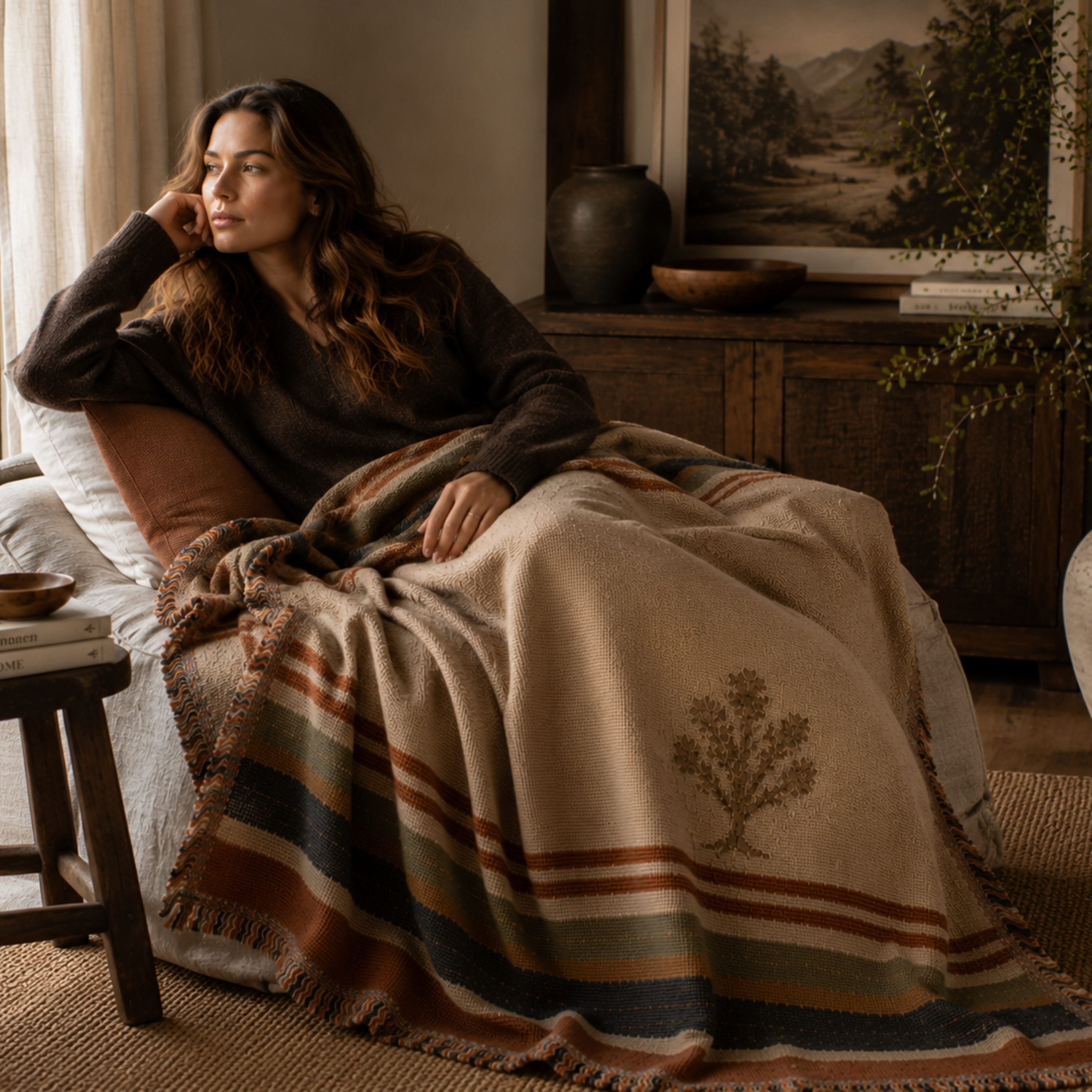 Woman wrapped in Joshua Tree woven throw blanket looking out window with mountain painting — desert throw by Trini Skies