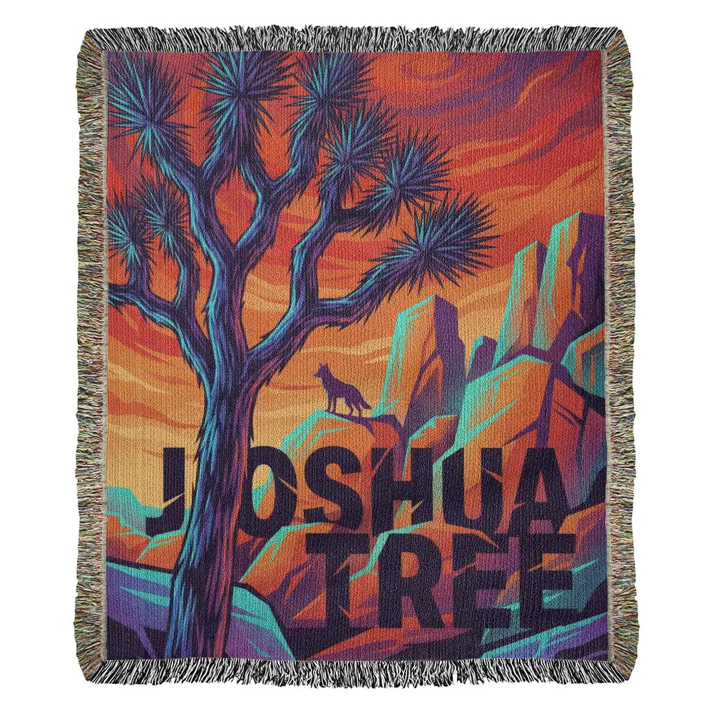 Joshua tree woven cotton blanket with desert landscape throw sunset design