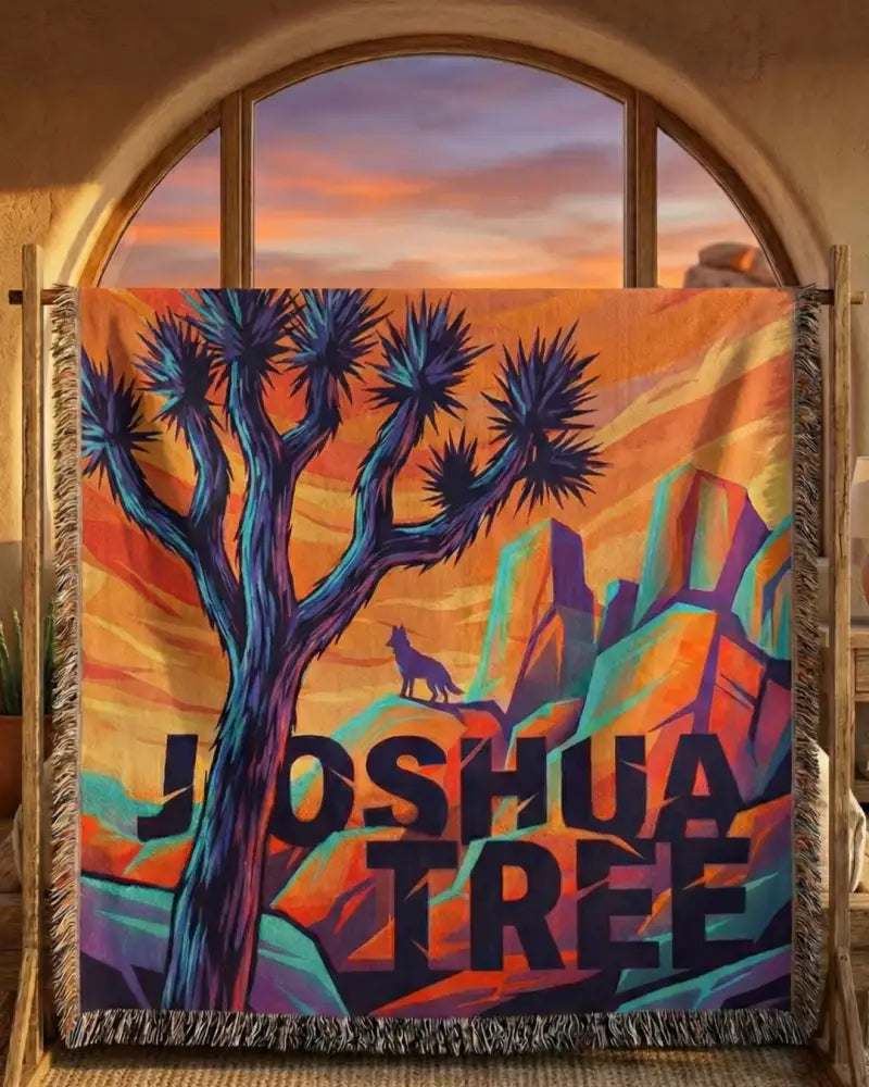 Joshua tree woven cotton blanket with desert landscape throw design