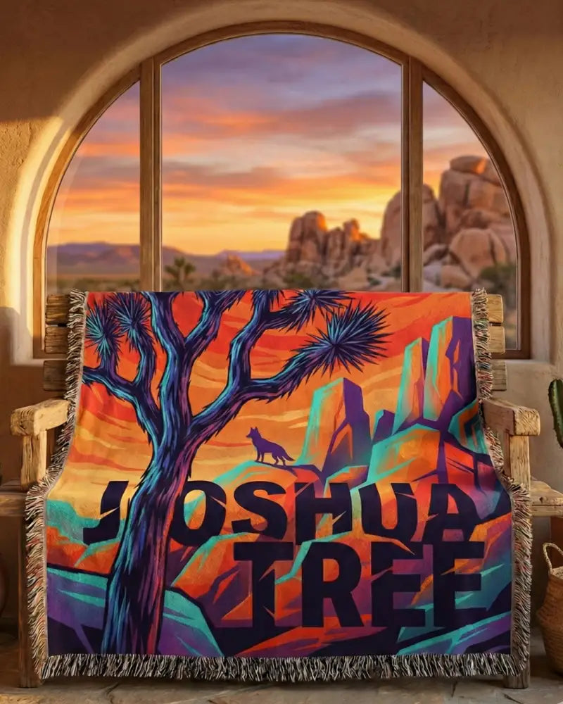 Vibrant joshua tree woven cotton blanket with desert landscape throw design