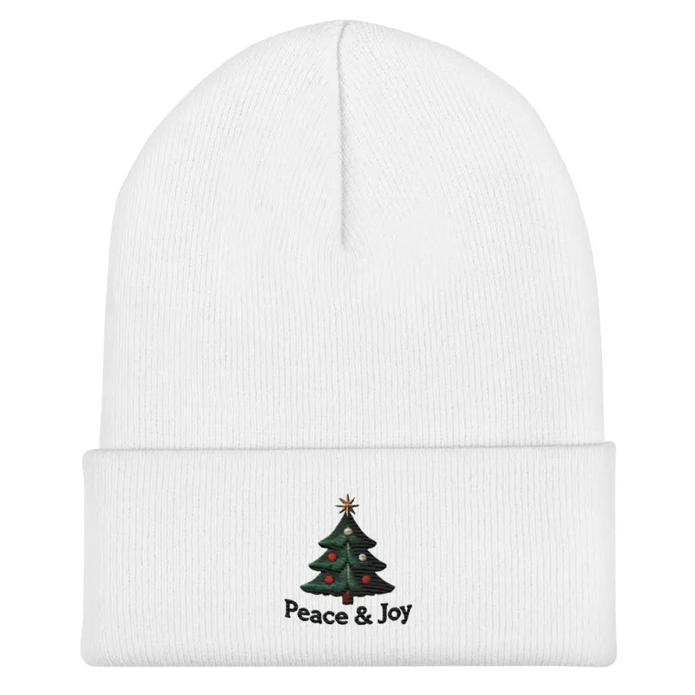 White Joy Christmas Tree Embroidered Beanie with Peace and Joy Text