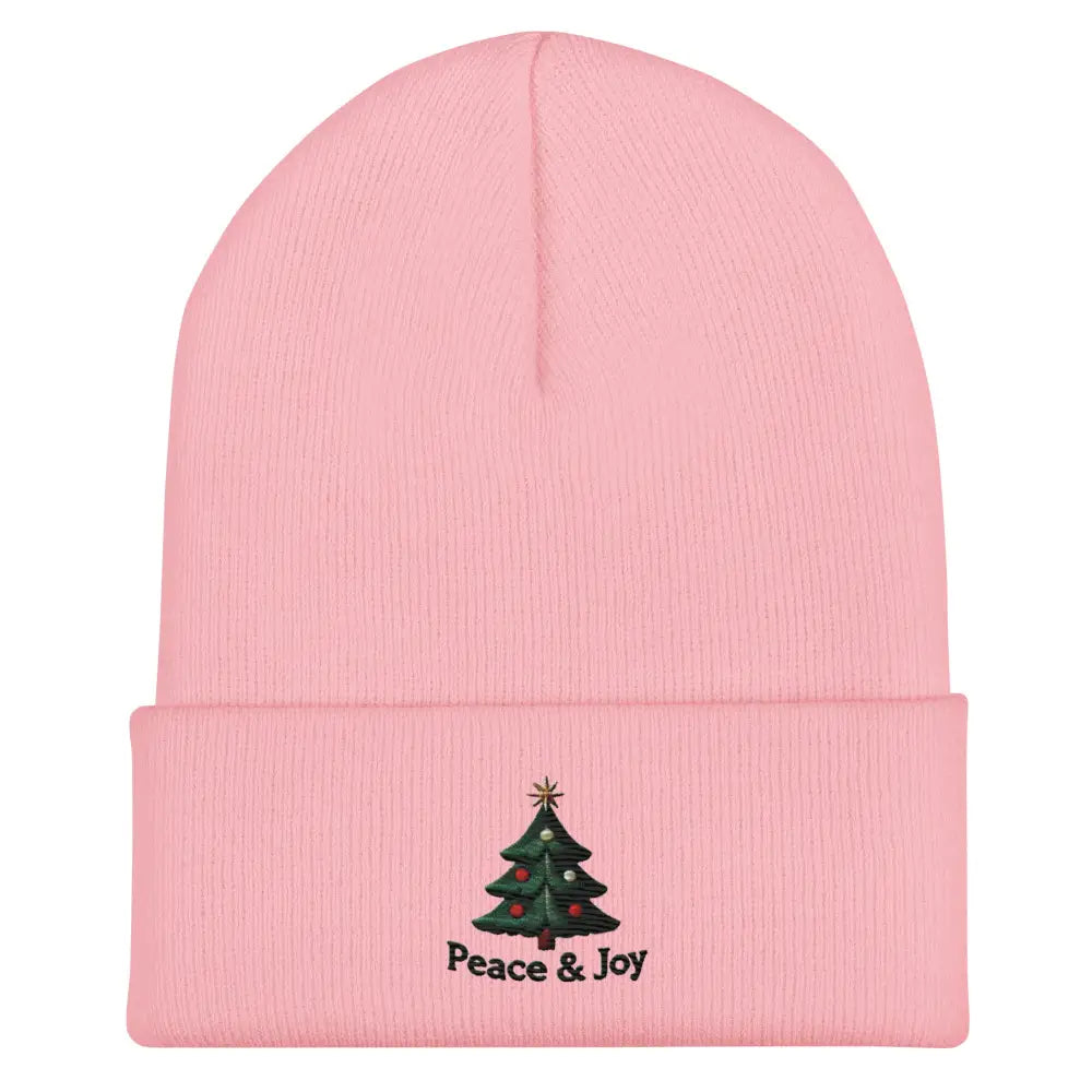 Pink Joy Christmas embroidered tree beanie with cuff