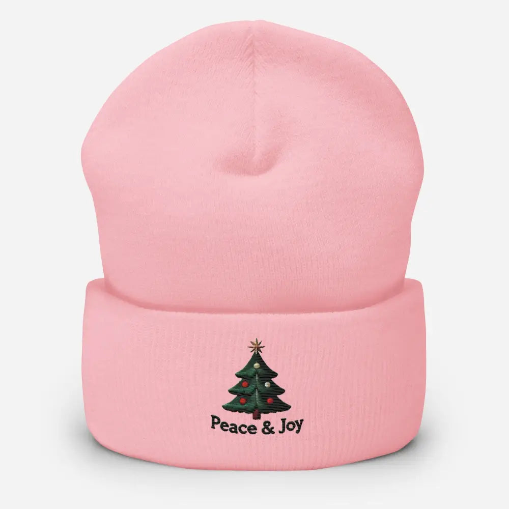 Pink Joy Christmas Tree Embroidered Beanie with Peace & Joy