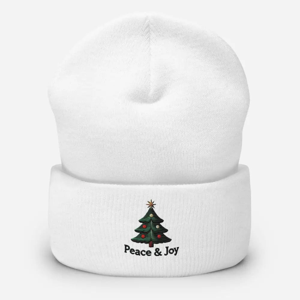 Joy Christmas Tree Embroidered Beanie with white knit design