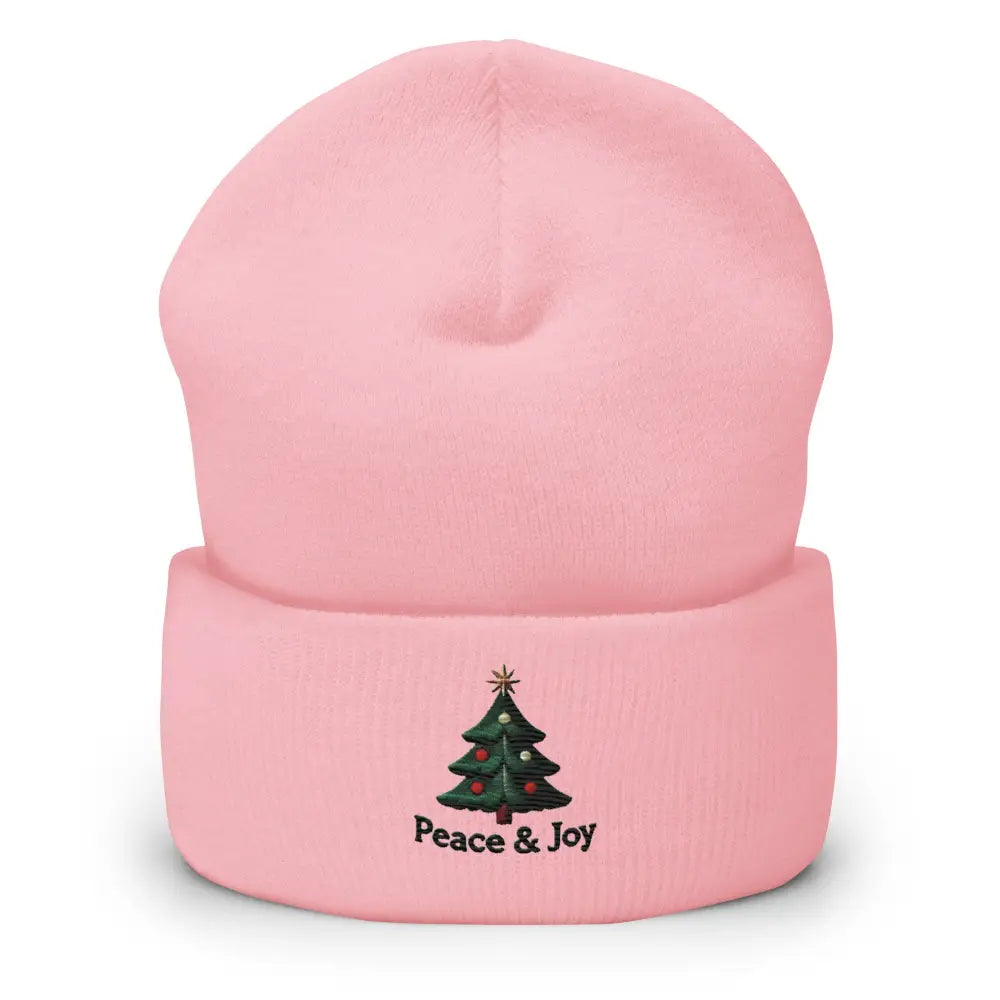 Pink Joy Christmas Tree Embroidered Corduroy Beanie with Peace and Joy