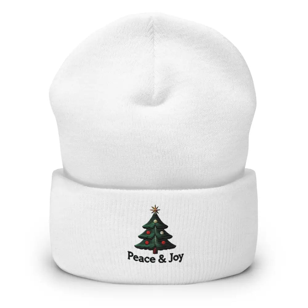 White Joy Christmas tree embroidered beanie with Peace & Joy slogan