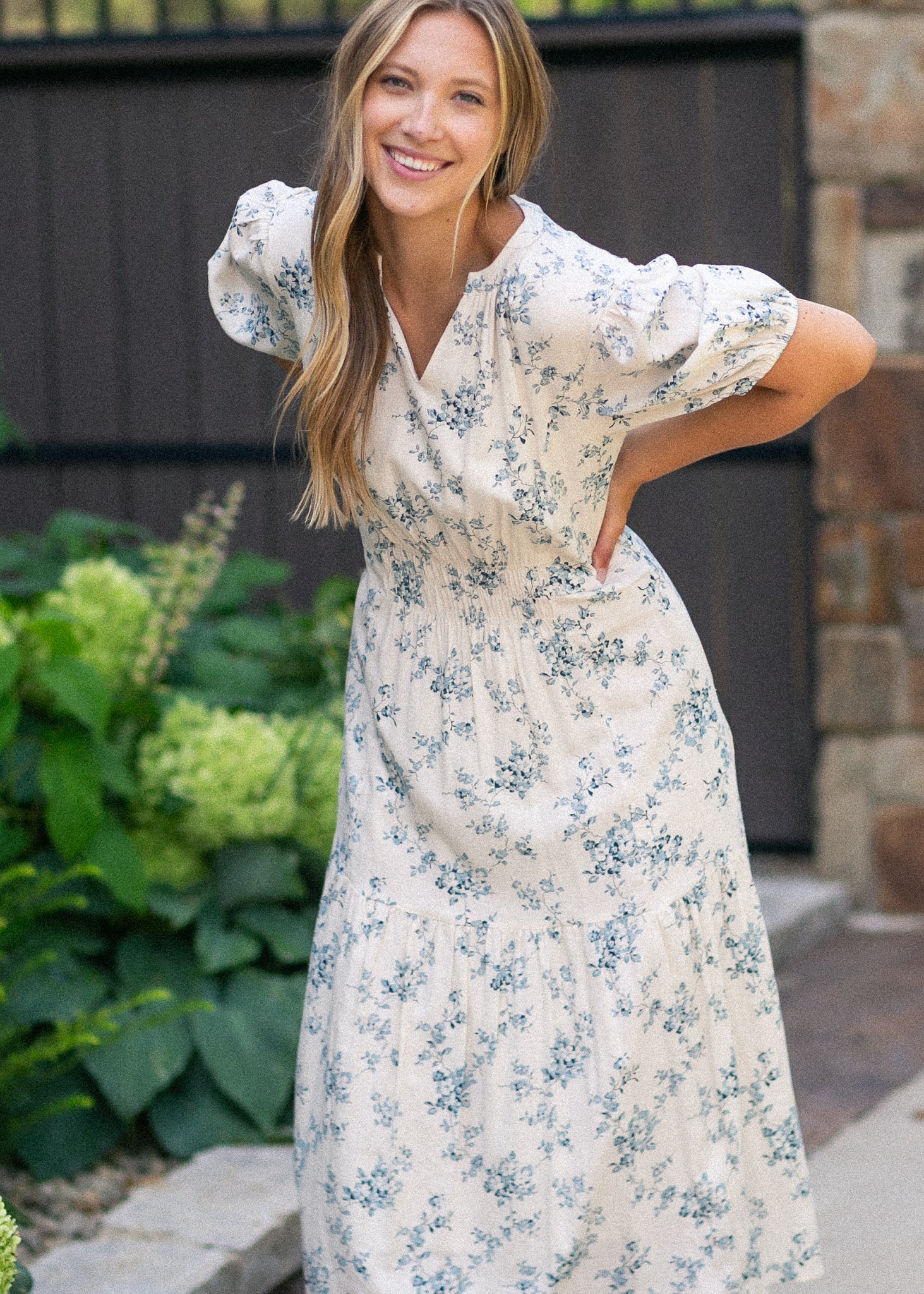 Katrina Floral Maxi Dress – Women’s Blue Floral Smocked Waist Maxi with Pockets - Triniskies